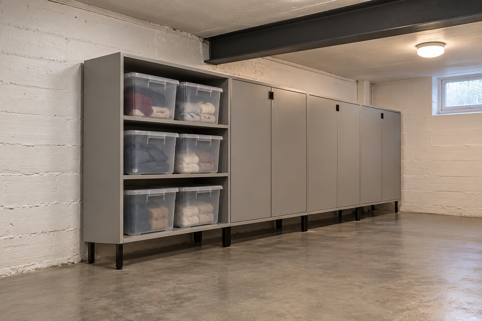 Gray plywood storage cabinets standing on steel legs a few inches out from a painted concrete foundation wall in a basement, with lidded plastic bins on open shelves.