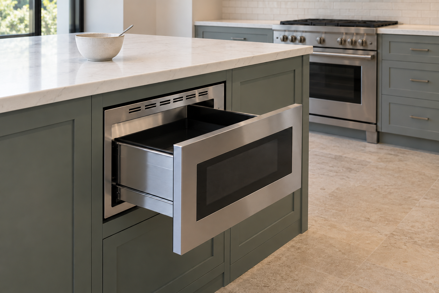 A stainless steel microwave built in below the counter at the end of a gray-green island, with a bowl on the counter above it.