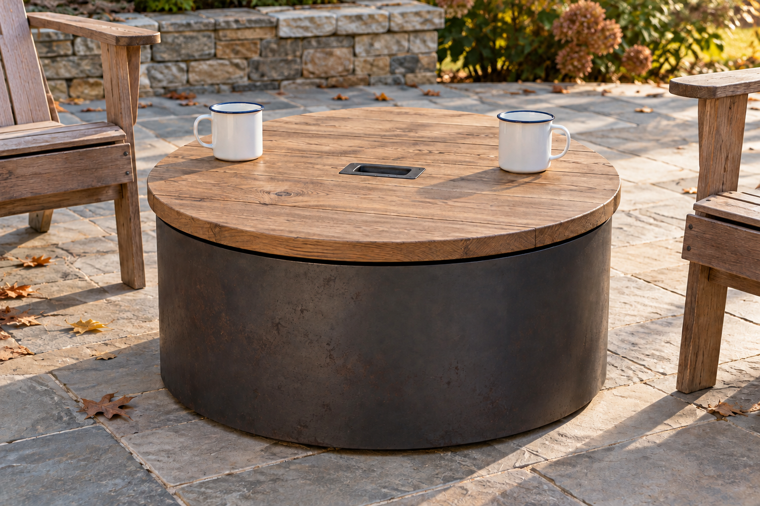 A round oak lid covering a steel fire bowl, with two enamel mugs standing on it between garden chairs.