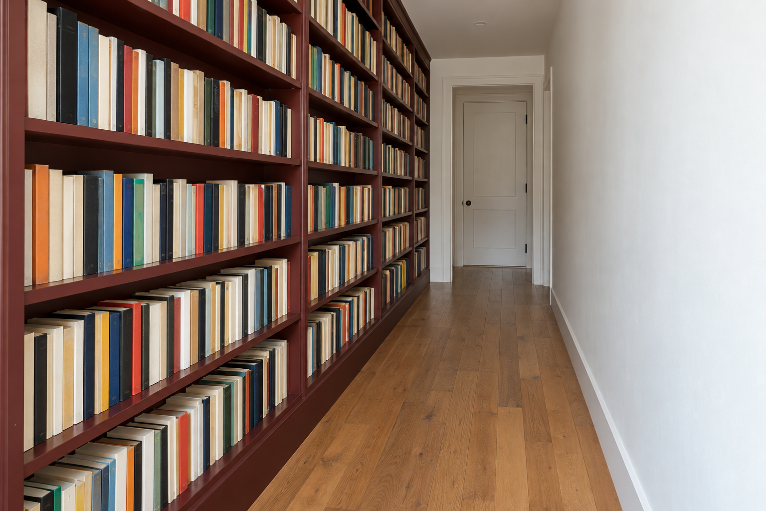 Shallow floor-to-ceiling bookshelves painted oxblood along one wall of a hallway, filled with paperbacks, with clear floor beside them.