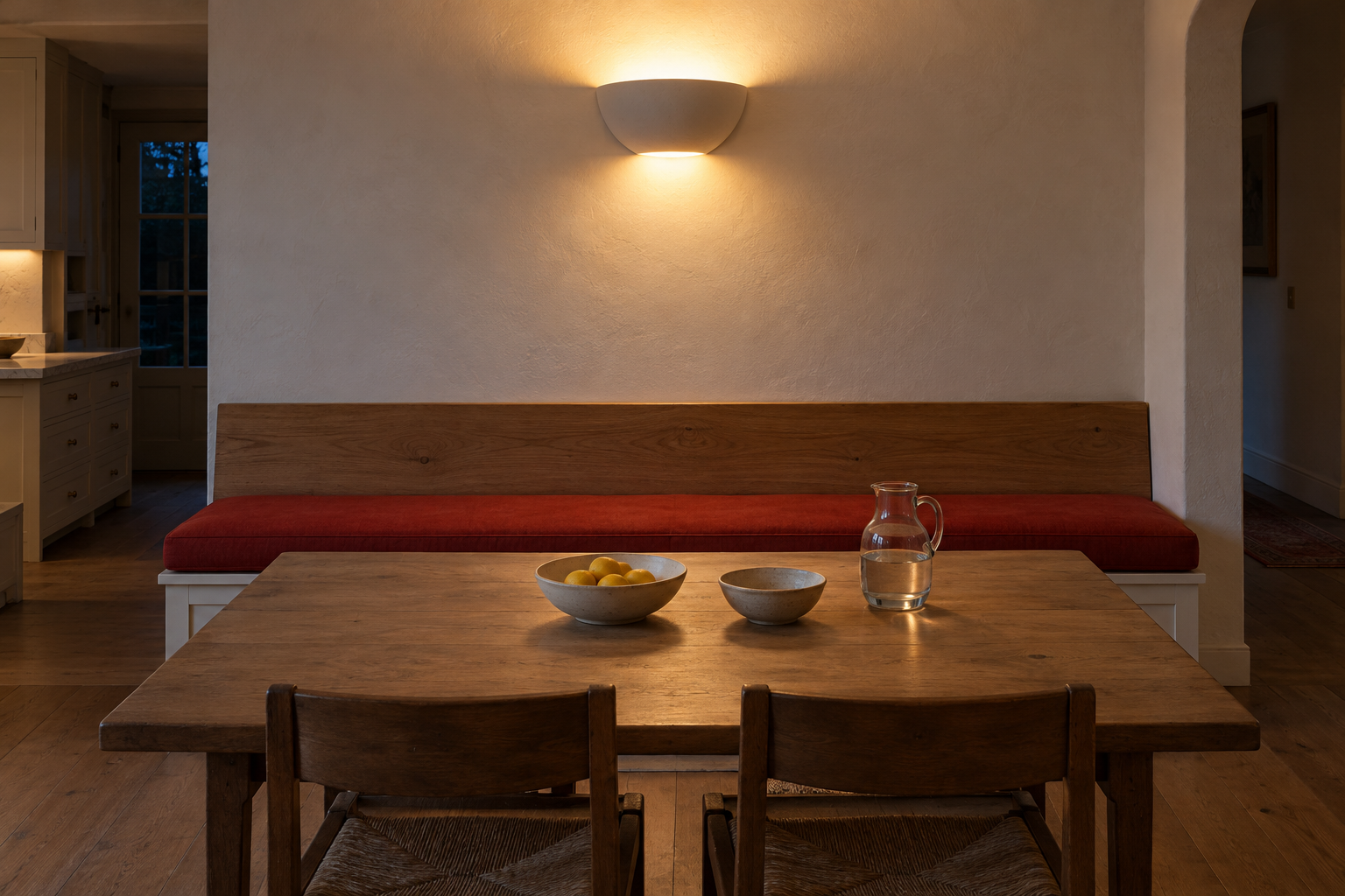 A white plaster wall light above a built-in kitchen bench with a tomato red cushion, lit over an oak table.