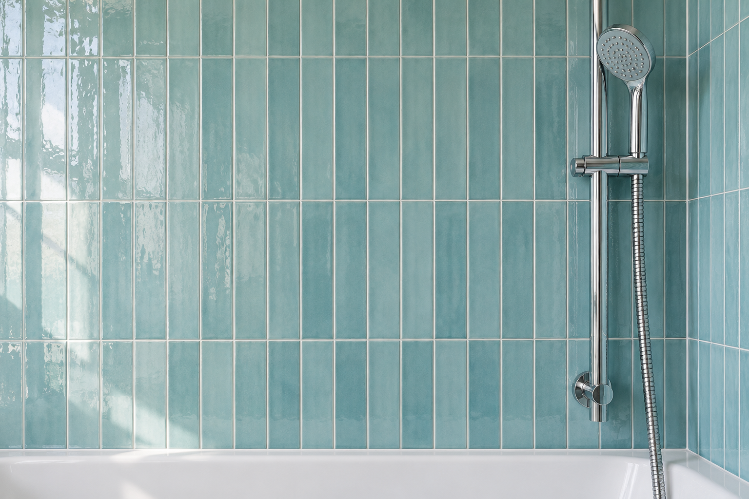 Narrow glossy aqua tiles stacked vertically in straight columns on a bathroom wall beside a chrome shower rail.
