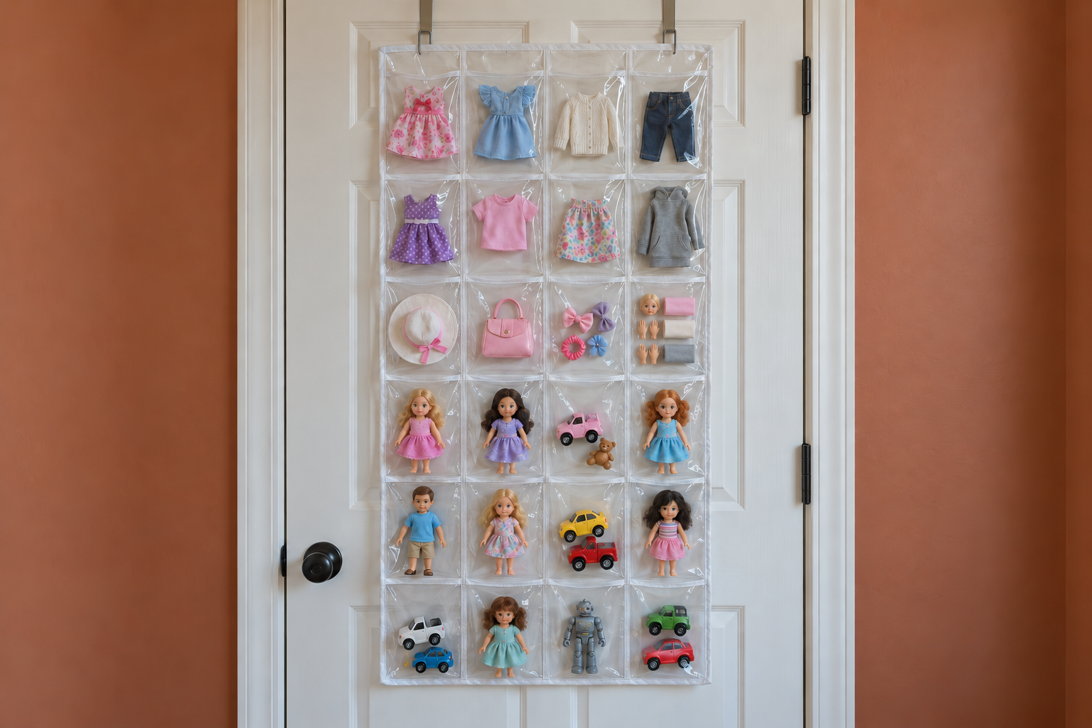 A clear pocket organizer hanging on the back of a white door, holding dolls, figures, and toy cars one to a pocket.