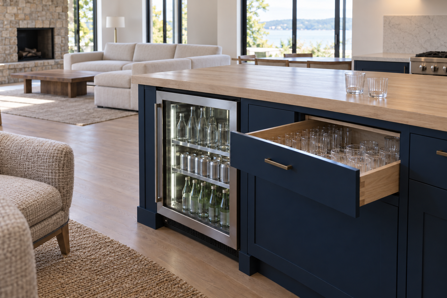 A glass-fronted drinks refrigerator built into the end of a navy island, facing the living area, with a drawer of glasses open beside it.