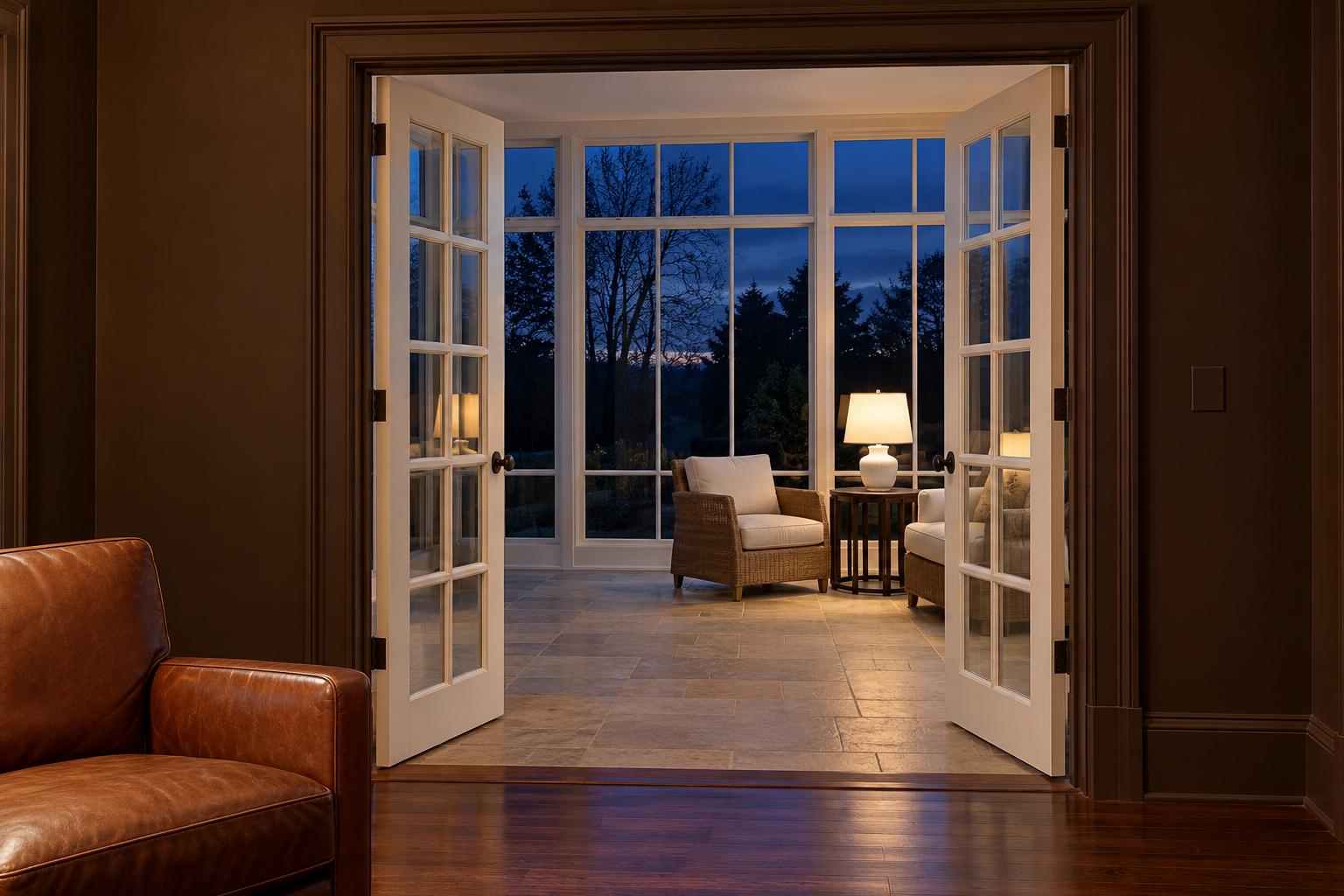 A pair of white glazed French doors standing open from a chocolate brown living room into a sunroom, seen at dusk with lamps lit in the sunroom.