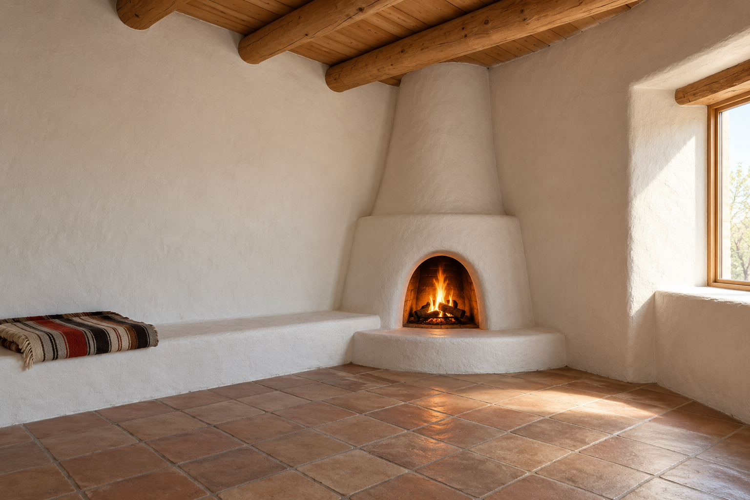 A rounded white plaster fireplace built into a corner with a small arched opening, a fire burning, and a low plaster bench beside it.