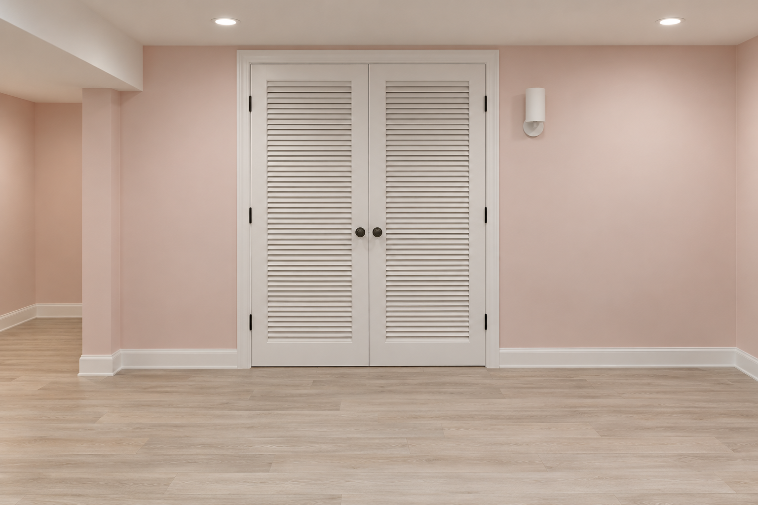 A pair of white louvered doors closing off the furnace room in a finished basement with pale pink walls, with clear floor in front of them.