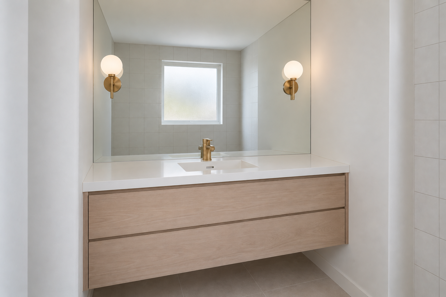 A mirror covering the whole wall above a pale wood vanity, from the counter to the ceiling, with a brass sconce mounted through the glass.