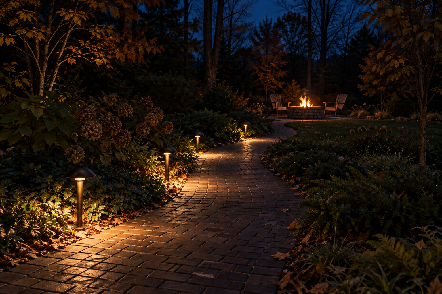 A brick garden path at night marked by low brass lights, leading to a fire pit glowing in an otherwise unlit seating circle.