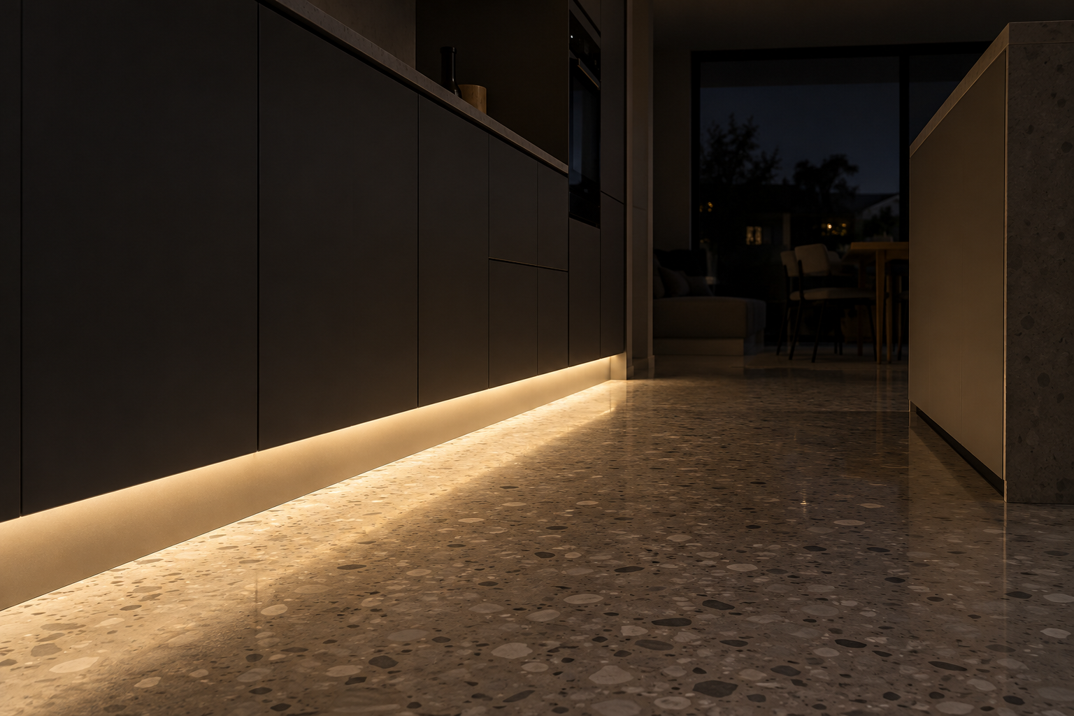 A soft band of light glowing on a terrazzo floor from under charcoal kitchen cabinets at night.