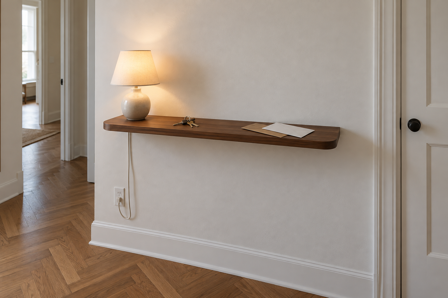 A shallow walnut shelf with rounded corners fixed to a white hallway wall at hip height, holding keys and a small lamp, with the floor clear beneath it.