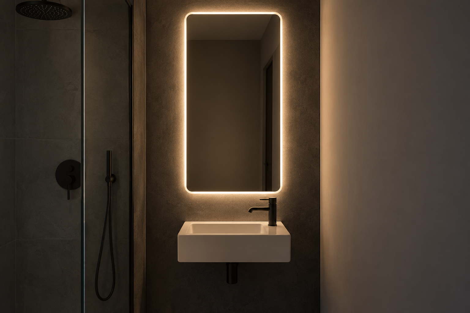 A mirror with a glowing lit border above a small basin on a narrow charcoal wall in the evening.