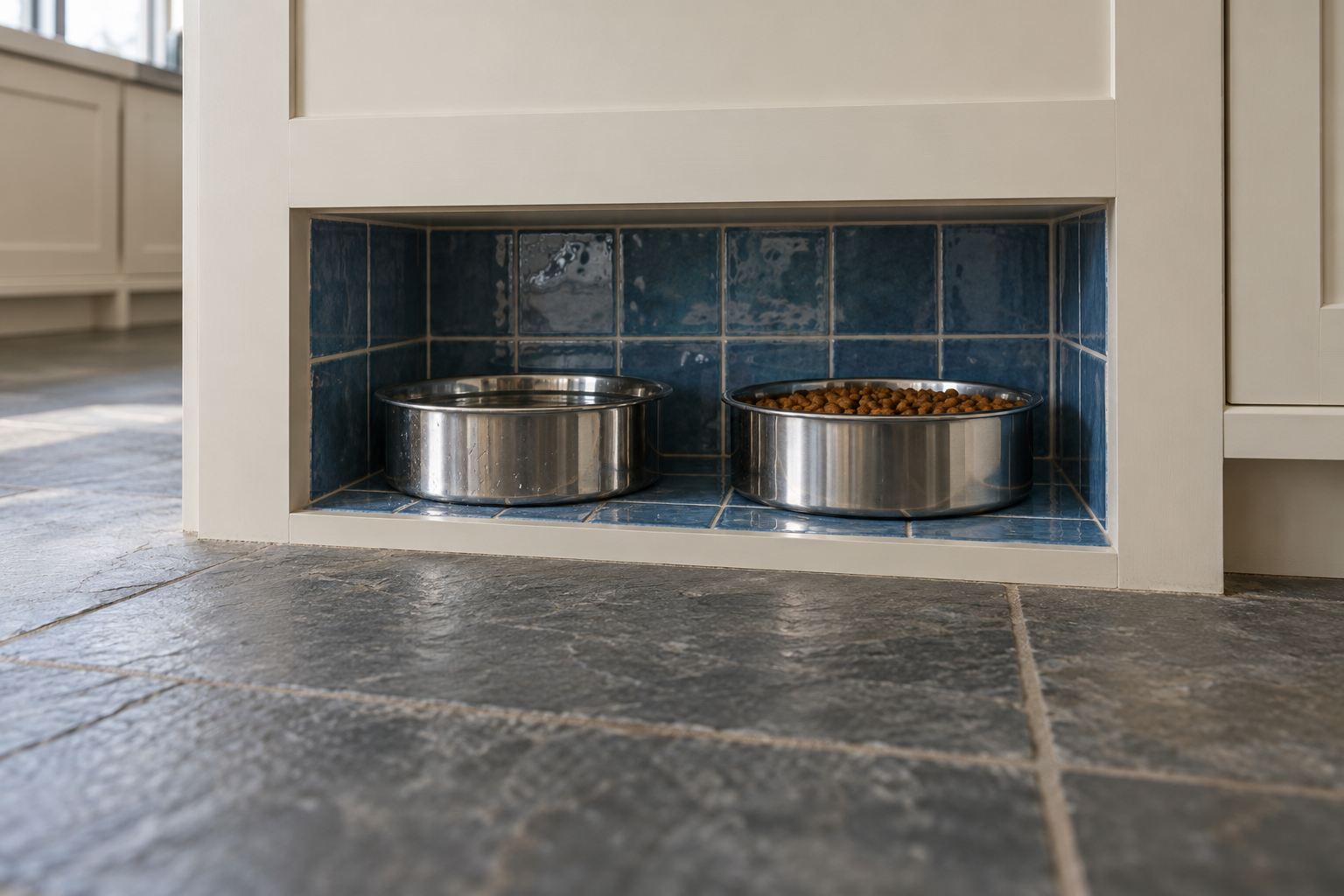 Two steel dog bowls in a tiled recess at the base of a cream island's end panel.