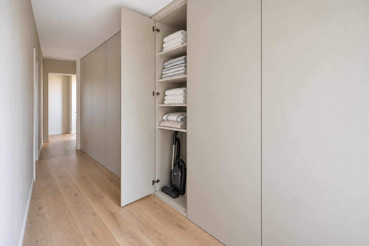 A hallway wall of flat floor-to-ceiling cupboards painted pale putty, with one door open showing shelves of folded towels and sheets.
