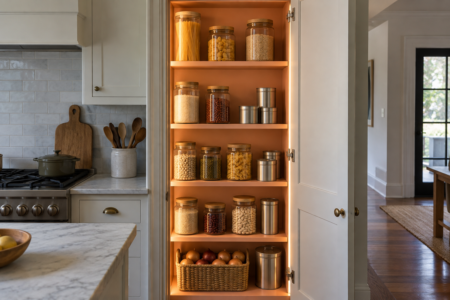 A tall pantry cupboard standing open, its peach painted shelves of jars lit from inside.