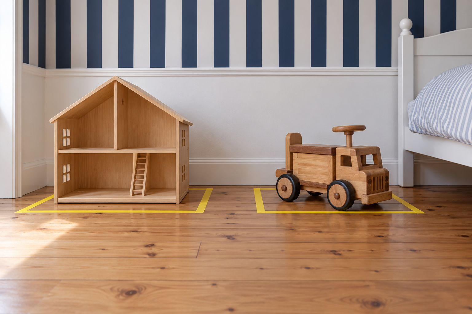 A wooden dollhouse and a ride-on truck parked against a striped wall, each inside a rectangle of yellow tape on the floor.
