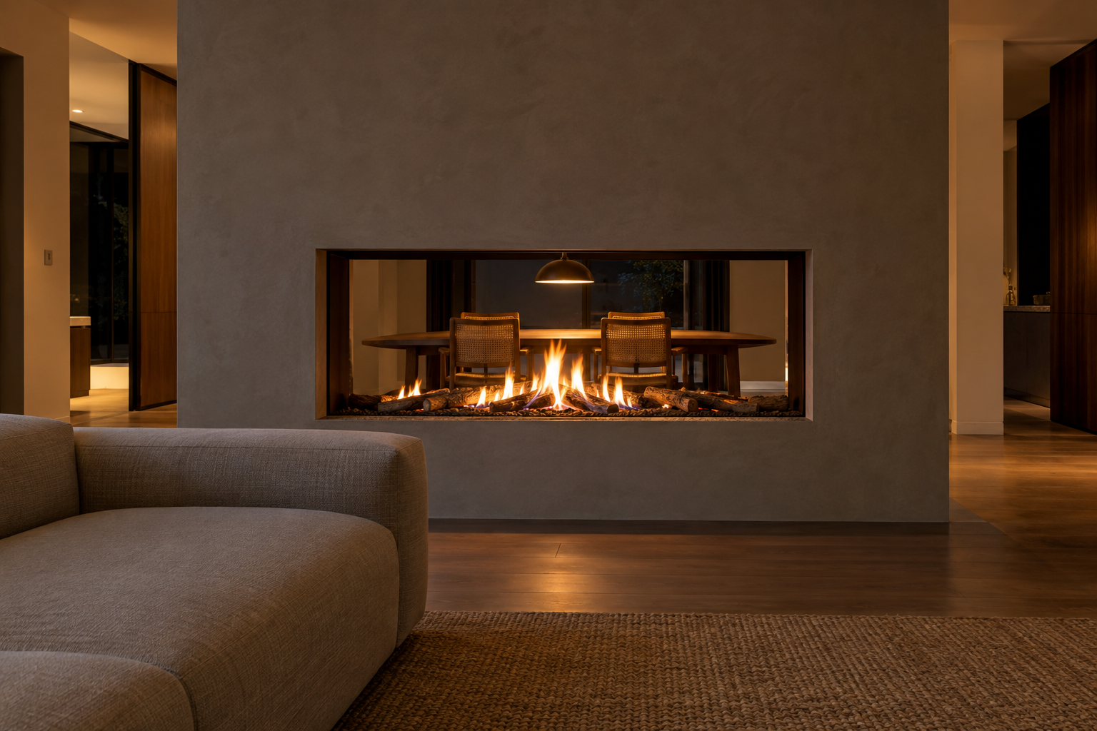 A fire burning in a two-sided fireplace in a gray plaster wall, with a dining table visible through it in the next room.