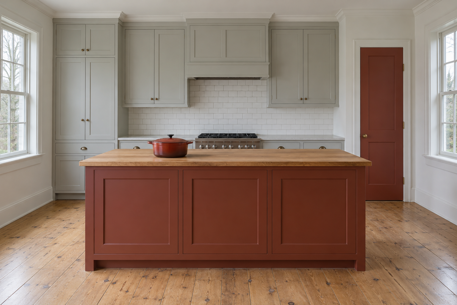 A brick red island in the middle of a kitchen with pale gray cabinets and a pantry door painted the same red.