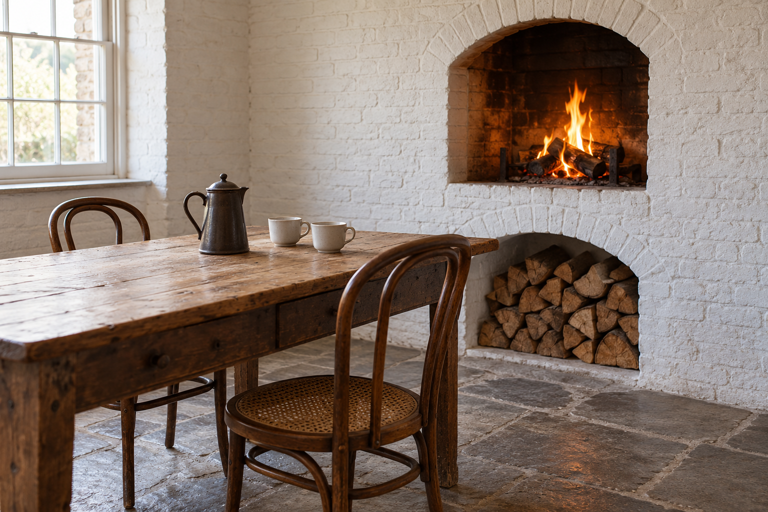 A raised fireplace in a white brick kitchen wall, with a fire burning above tabletop height and logs stored underneath.