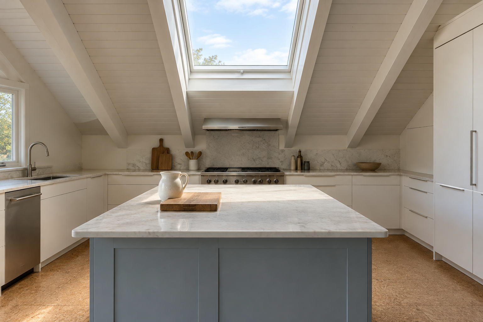 Daylight falling from a window in a sloping kitchen ceiling onto a pale blue-gray island below it.