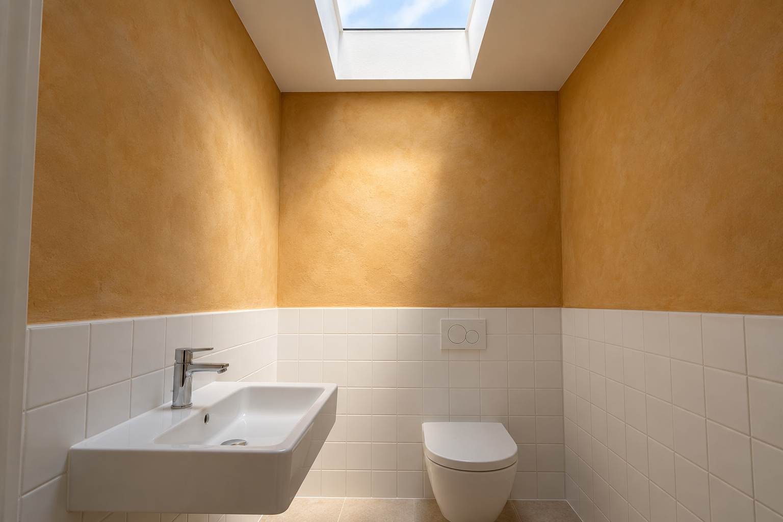 A square skylight in the ceiling of a bathroom with no window, throwing daylight down an ochre wall above a white basin.