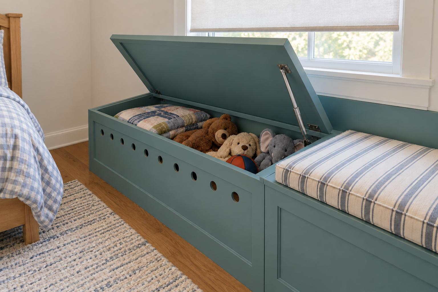 A teal window bench with one lid section held open by a metal support, showing stuffed animals inside and a row of air holes on the front.
