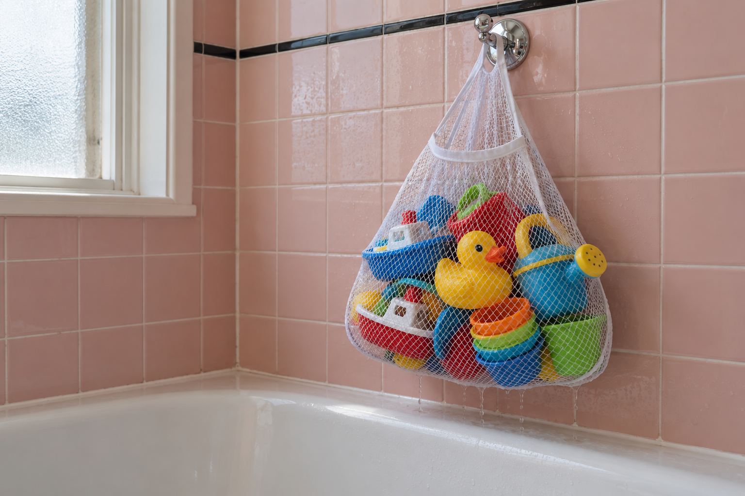 A white mesh bag full of bath toys hanging from a hook on pink bathroom tile above a tub.