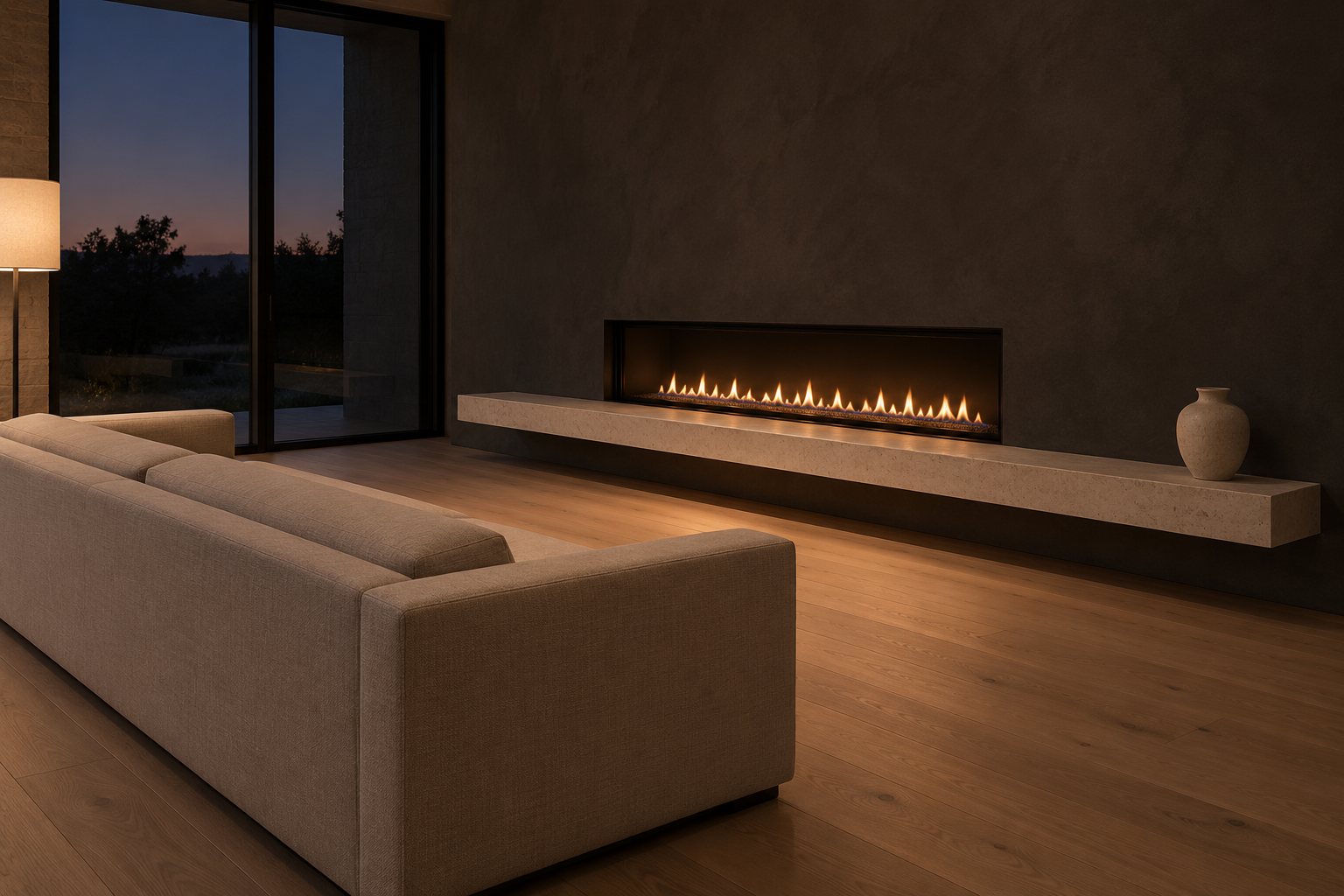 A long, low gas fire in a charcoal plaster wall above a floating limestone ledge that runs past it on one side.