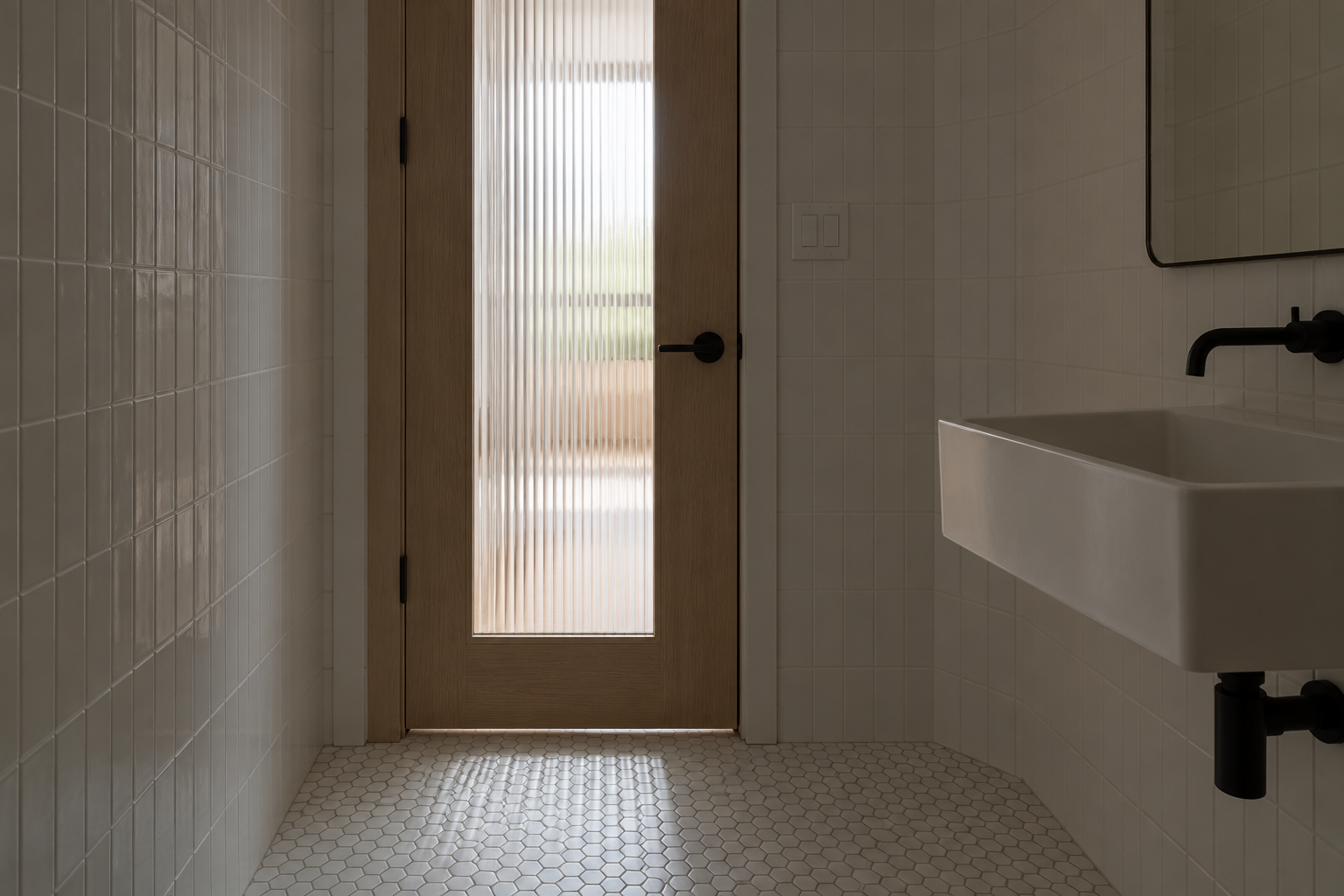 A closed oak bathroom door with a tall panel of ribbed glass glowing with daylight from the hall.