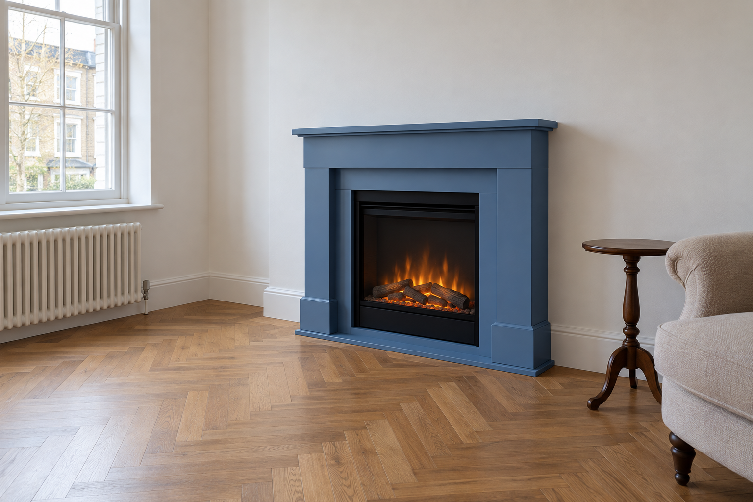 An electric fire set inside a cornflower blue painted surround against a flat apartment wall.