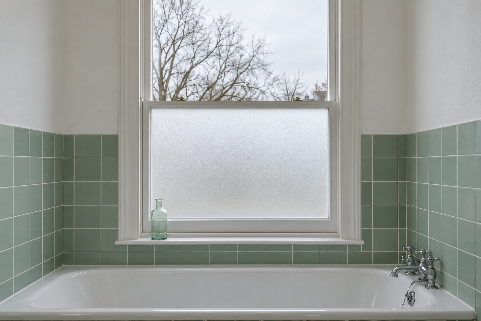A bathroom sash window with the lower pane frosted and the upper pane clear, showing sky and bare branches.