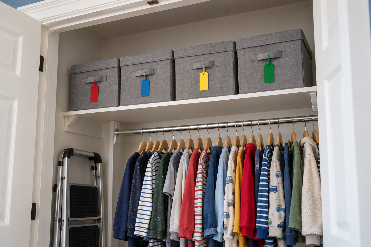Four gray canvas storage boxes with colored tags on the top shelf of a child's closet, above a rod of clothes.