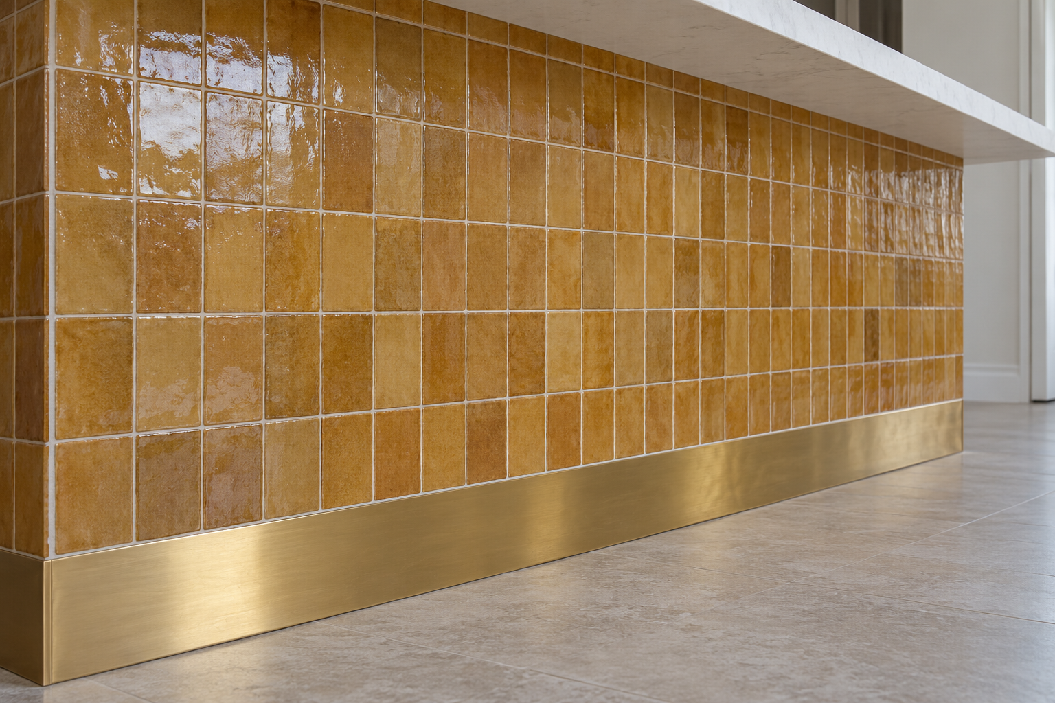 The stool side of an island faced in glossy ochre tile below the overhang, with a strip of brass along the floor.