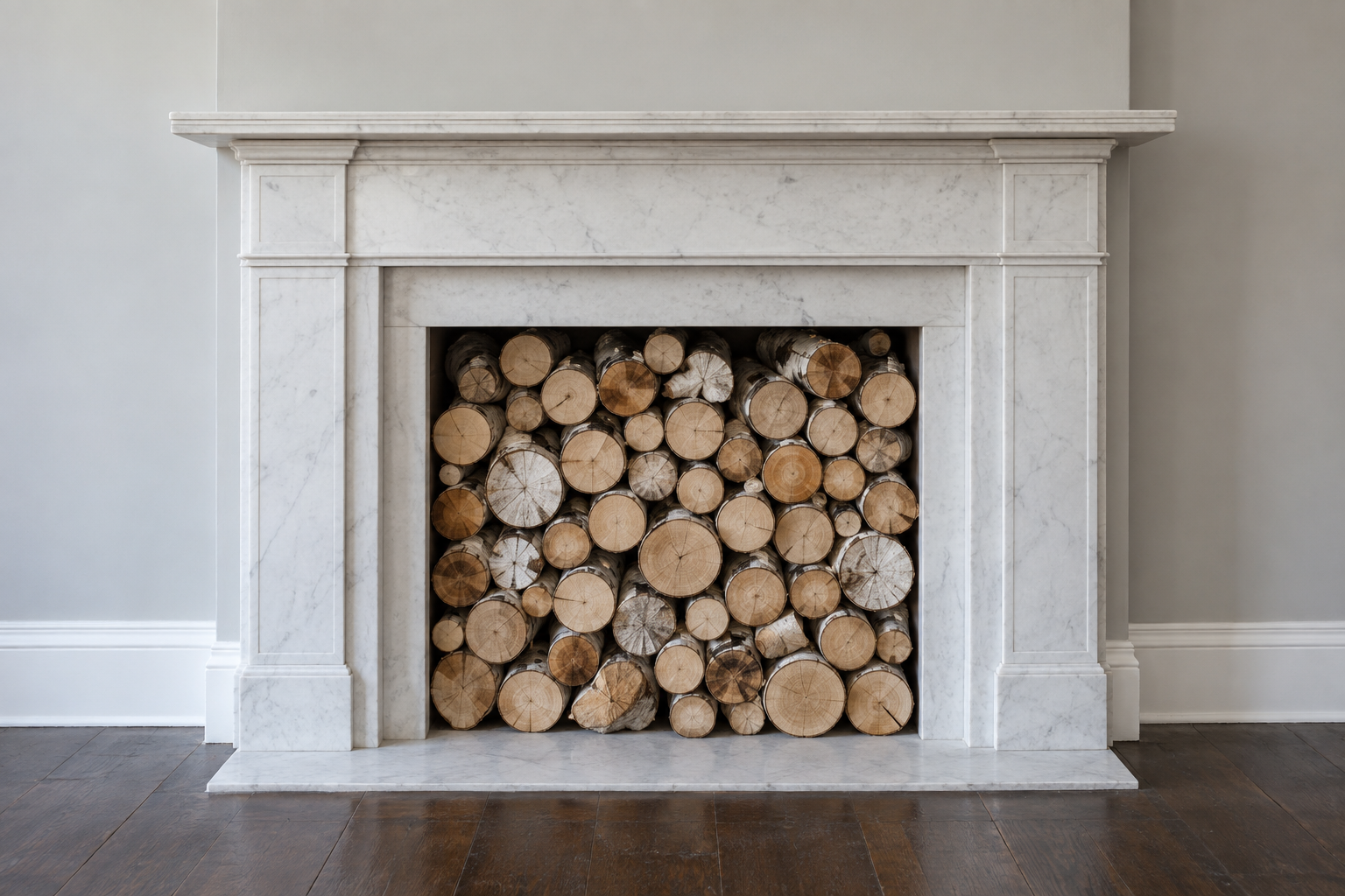 A white marble fireplace with its opening filled to the top with birch logs stacked with the cut ends facing out.