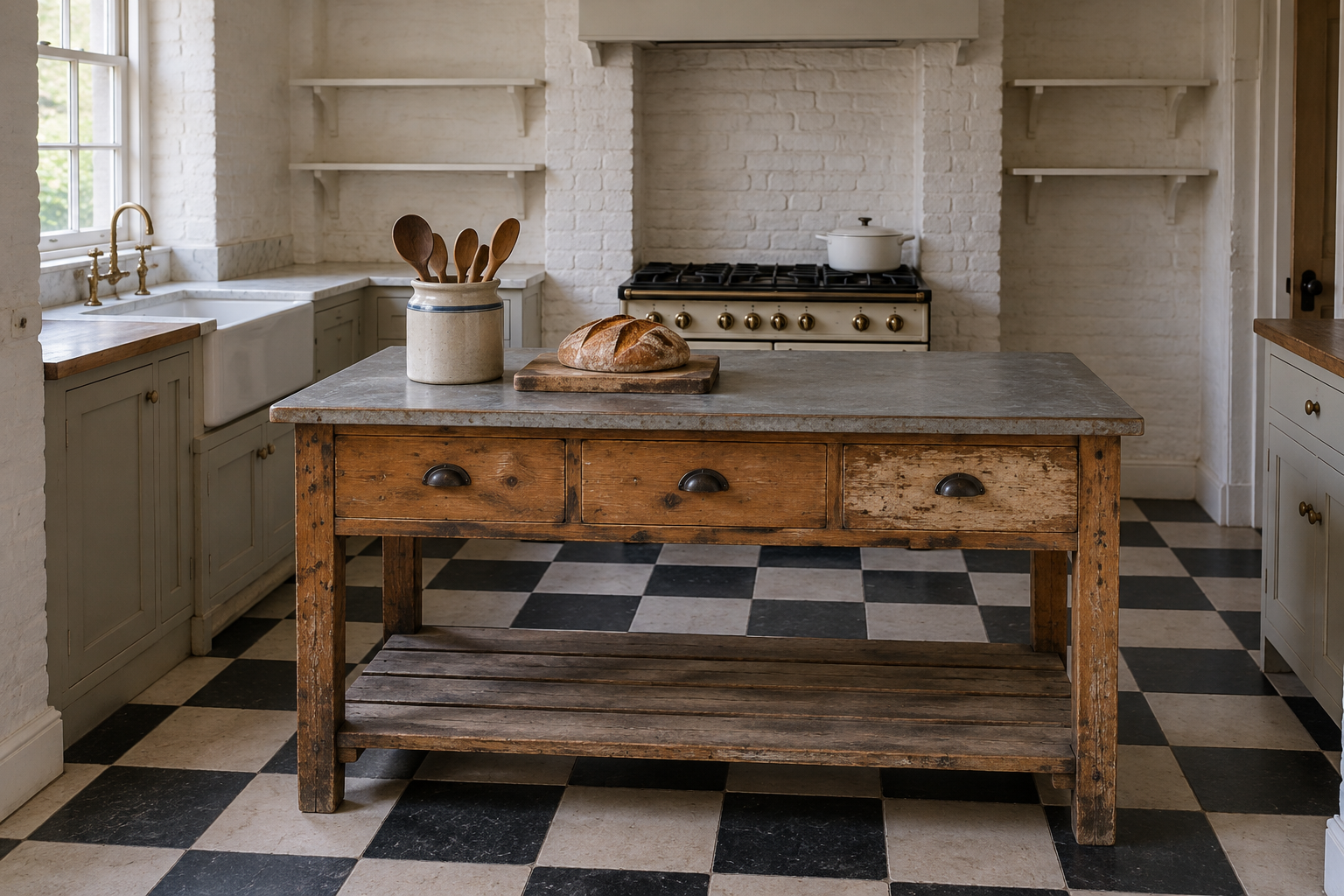 An old pine shop counter with drawers and a zinc top standing on legs in the middle of a small kitchen with a black and white floor.