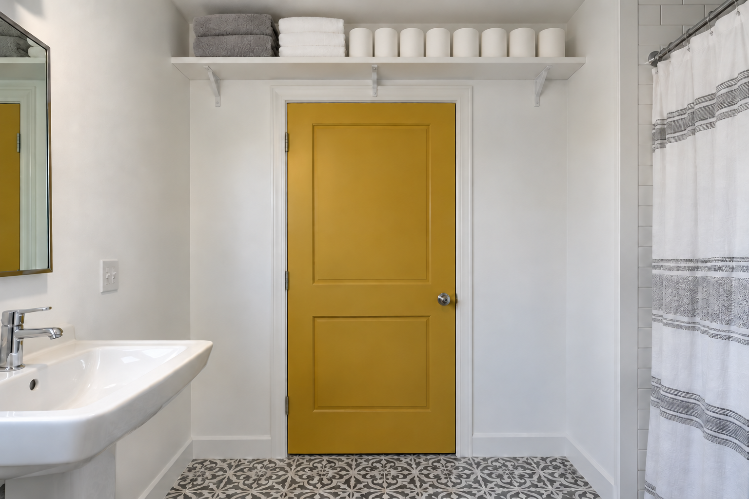 A white shelf above a mustard yellow bathroom door, holding folded towels and rolls of toilet paper.