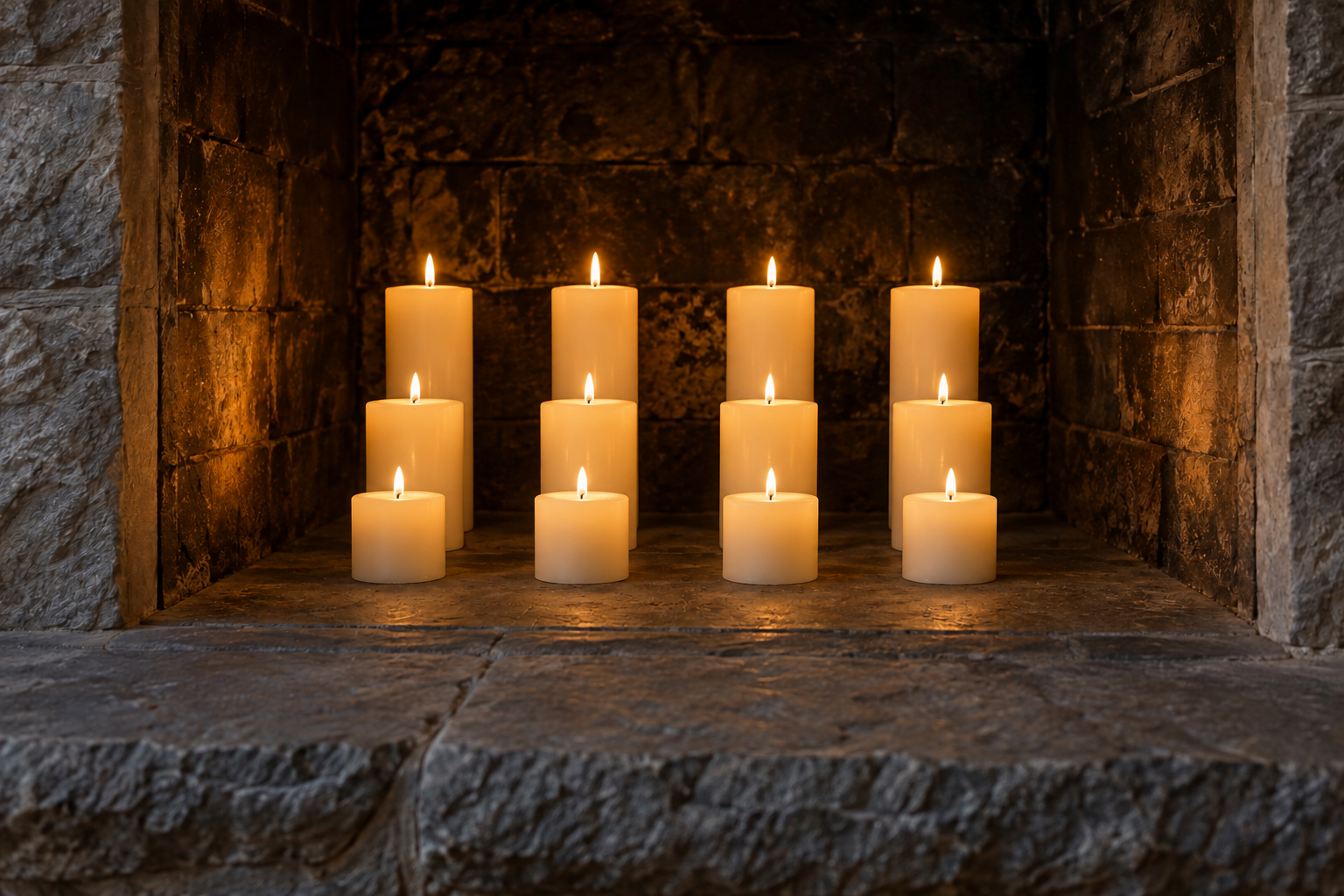 A dozen ivory pillar candles of different heights burning inside a fireplace with a gray stone surround.