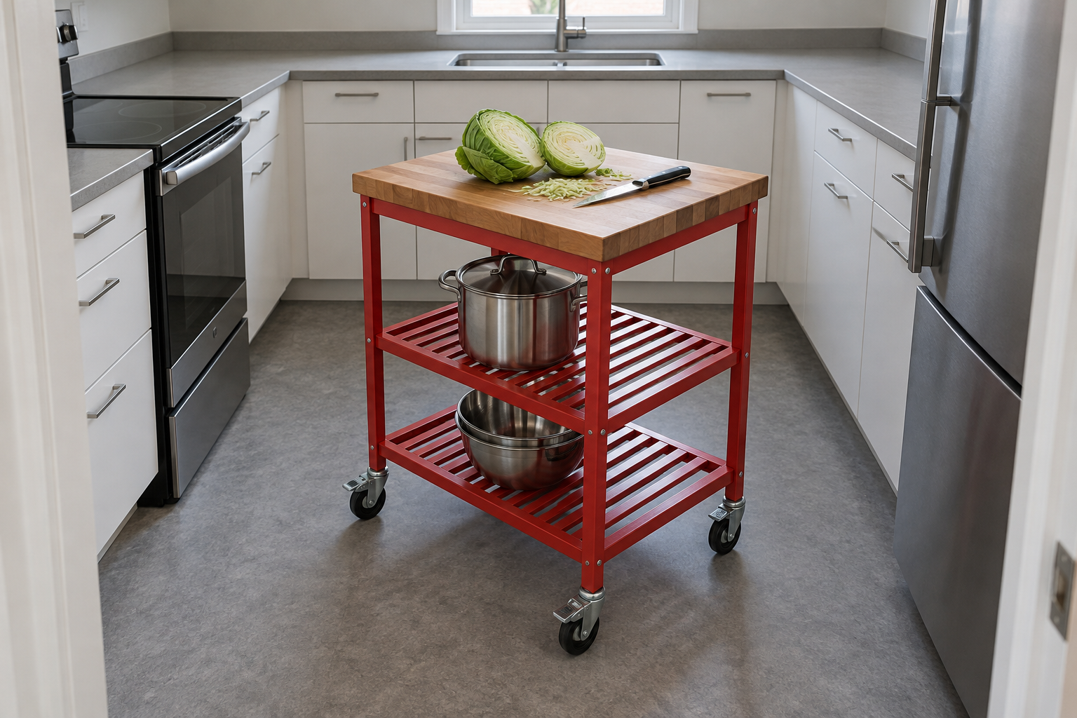 A small butcher block cart with a red steel frame on casters, standing in the middle of a narrow kitchen.