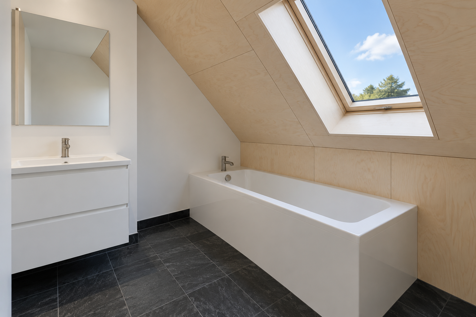An attic bathroom with a white tub set under the low side of a sloped plywood ceiling and a skylight above it.