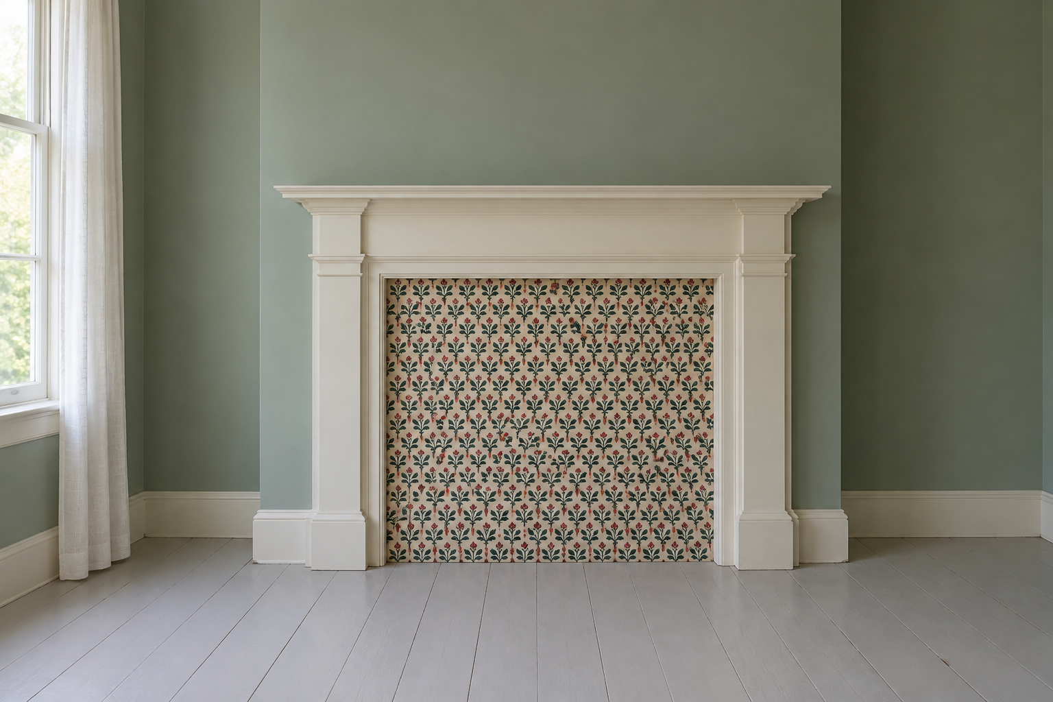 A fireplace opening closed with a fitted board covered in a small leaf-patterned paper, in a room with celadon green walls.