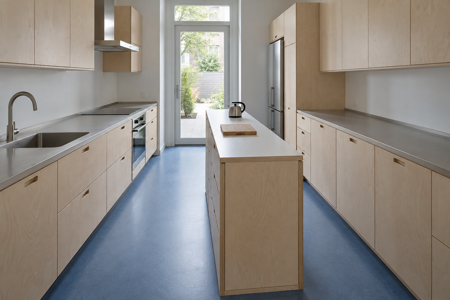 A long, narrow birch plywood island with no stools in a narrow kitchen, with a clear aisle on each side.