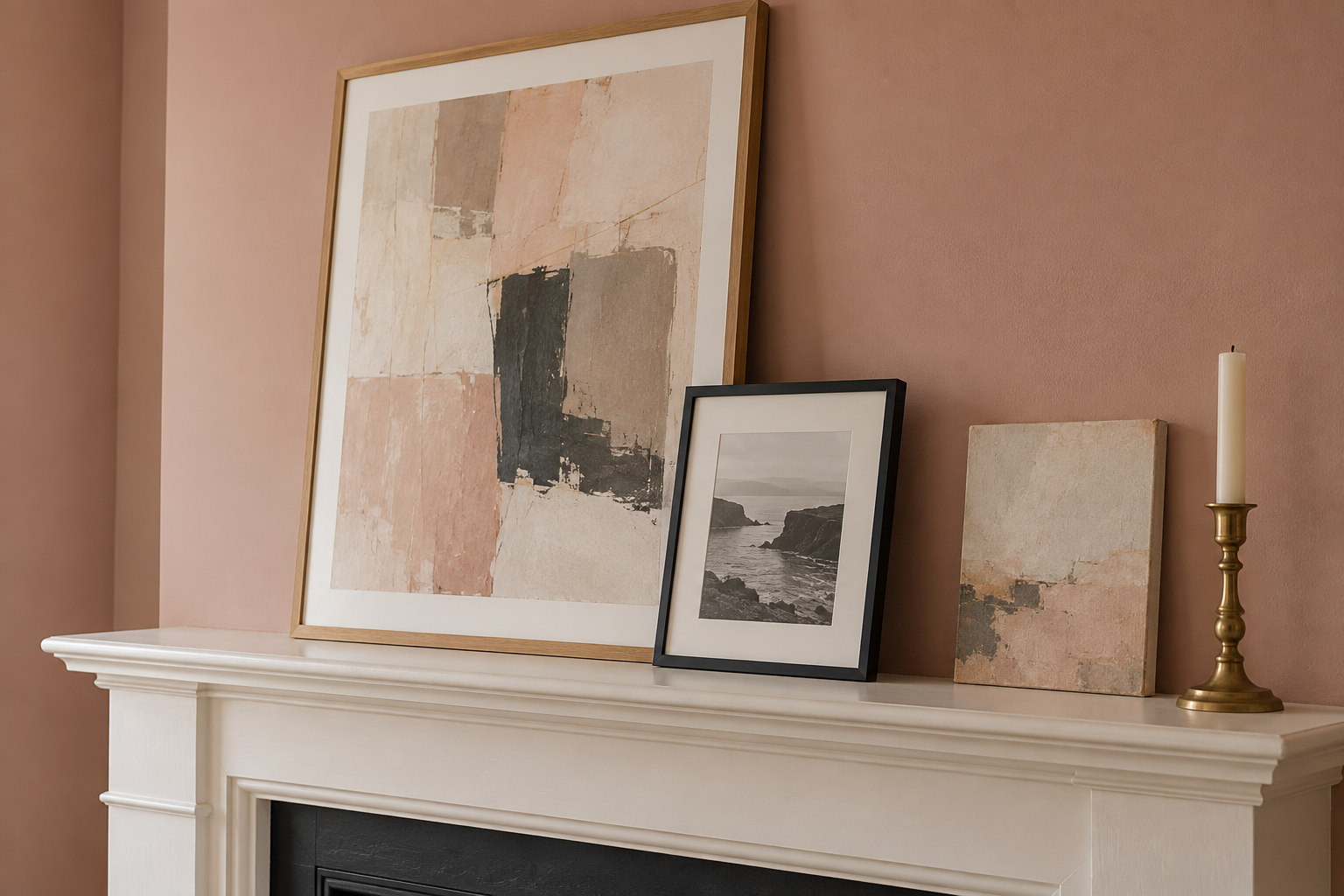 A large framed print leaning on a mantel with a smaller frame overlapping its corner, against a clay pink wall.