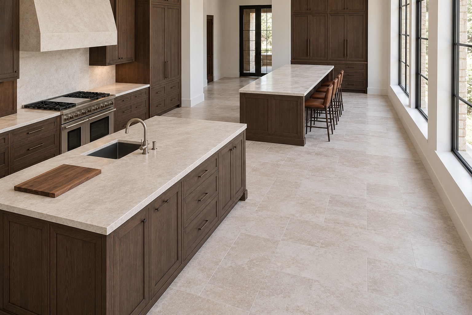 A large kitchen with two islands and an aisle between them, one with a sink and one with a row of stools.