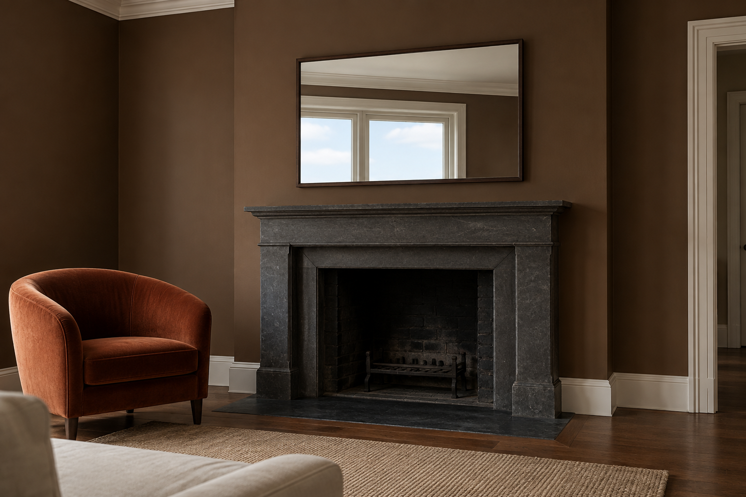 A rectangular mirror above a fireplace on a brown wall, reflecting the sky from a window on the opposite side of the room.