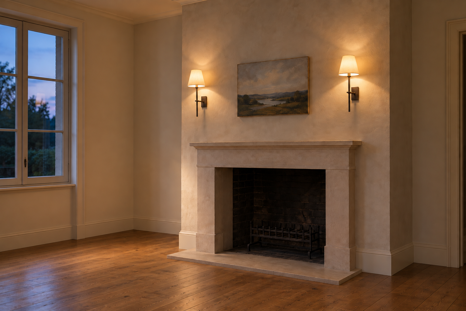 Two black wall lights with parchment shades, switched on, either side of a small painting above a stone mantel at dusk.