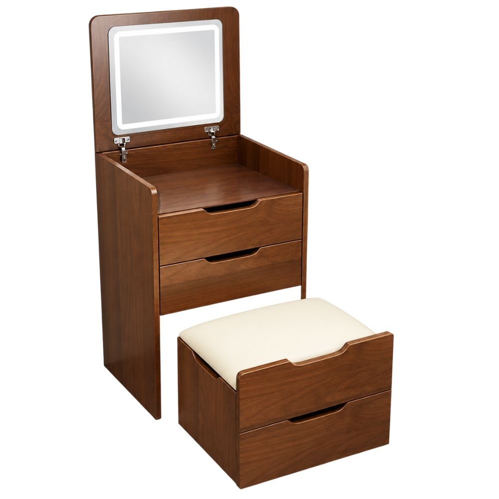 3 in 1 Flip Top Vanity Desk With Stool, Walnut