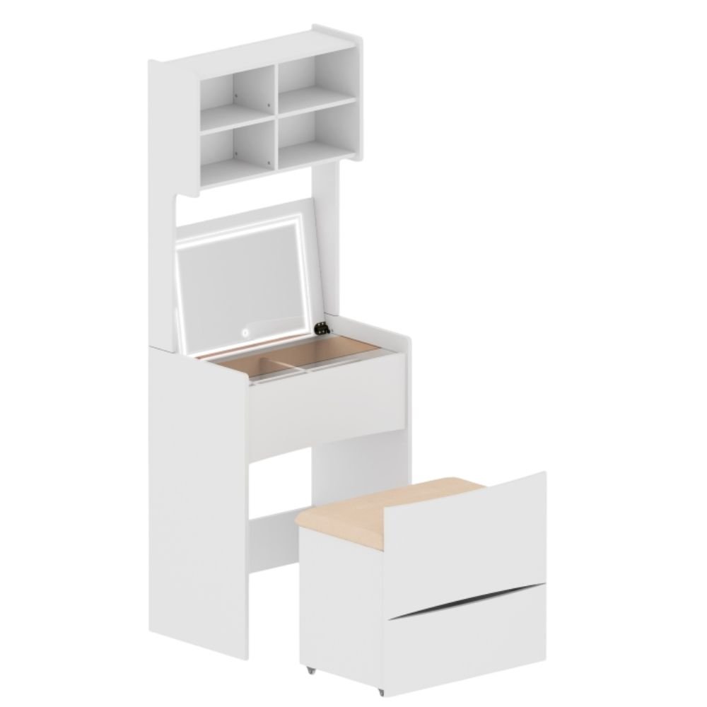 Flip Top LED Dressing Table With Stool, White