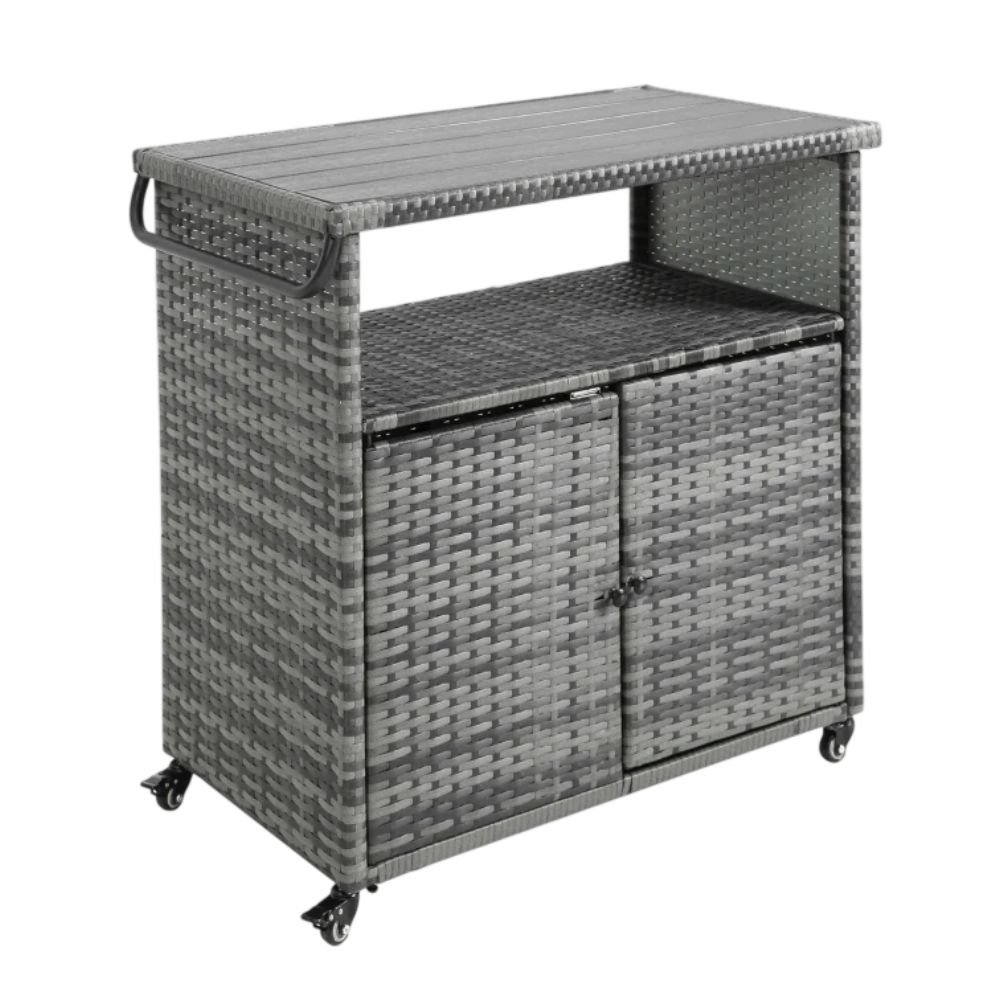 HIFINE Outdoor Wicker Bar Cart With Glass Top