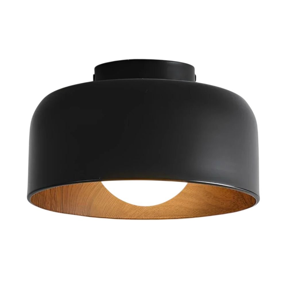 Dazuma Black Drum Flush Mount With Wood-Grain Lining