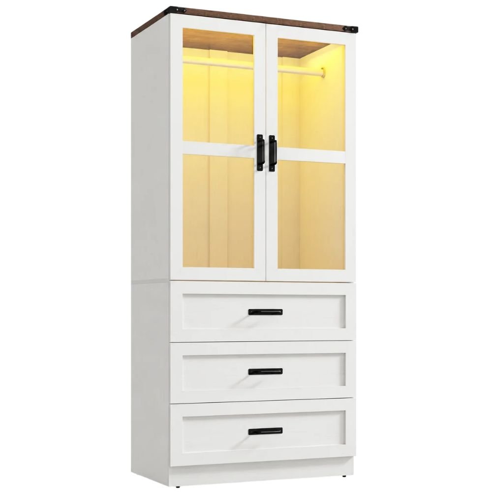 Hlivelood Farmhouse Armoire With Drawers and Lights